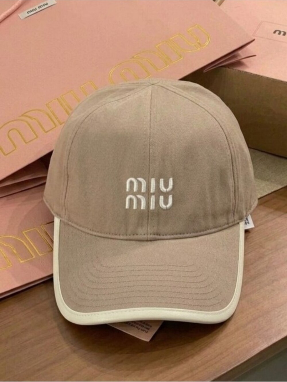 🔥NWT‼️✨ Miu Miu ✨ Tan Beige Baseball Cap with White Logo & Trim - Unisex